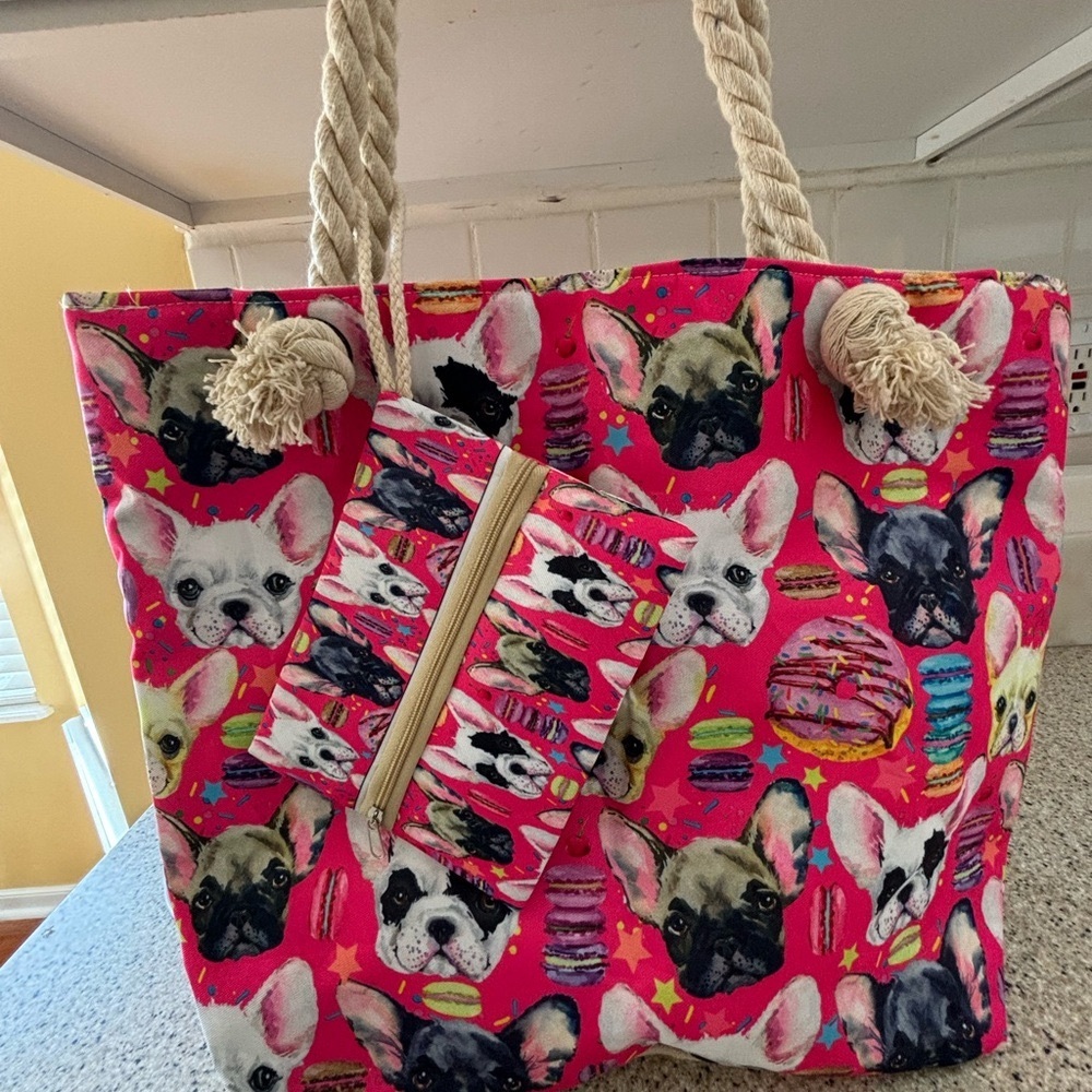 Frenchie bulldog donut macarons tote bag bright pink